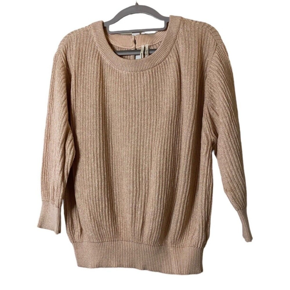 Anthropologie Peach Metallic Knit Crew Neck Sweater 3/4 Sleeve Womens‎ M